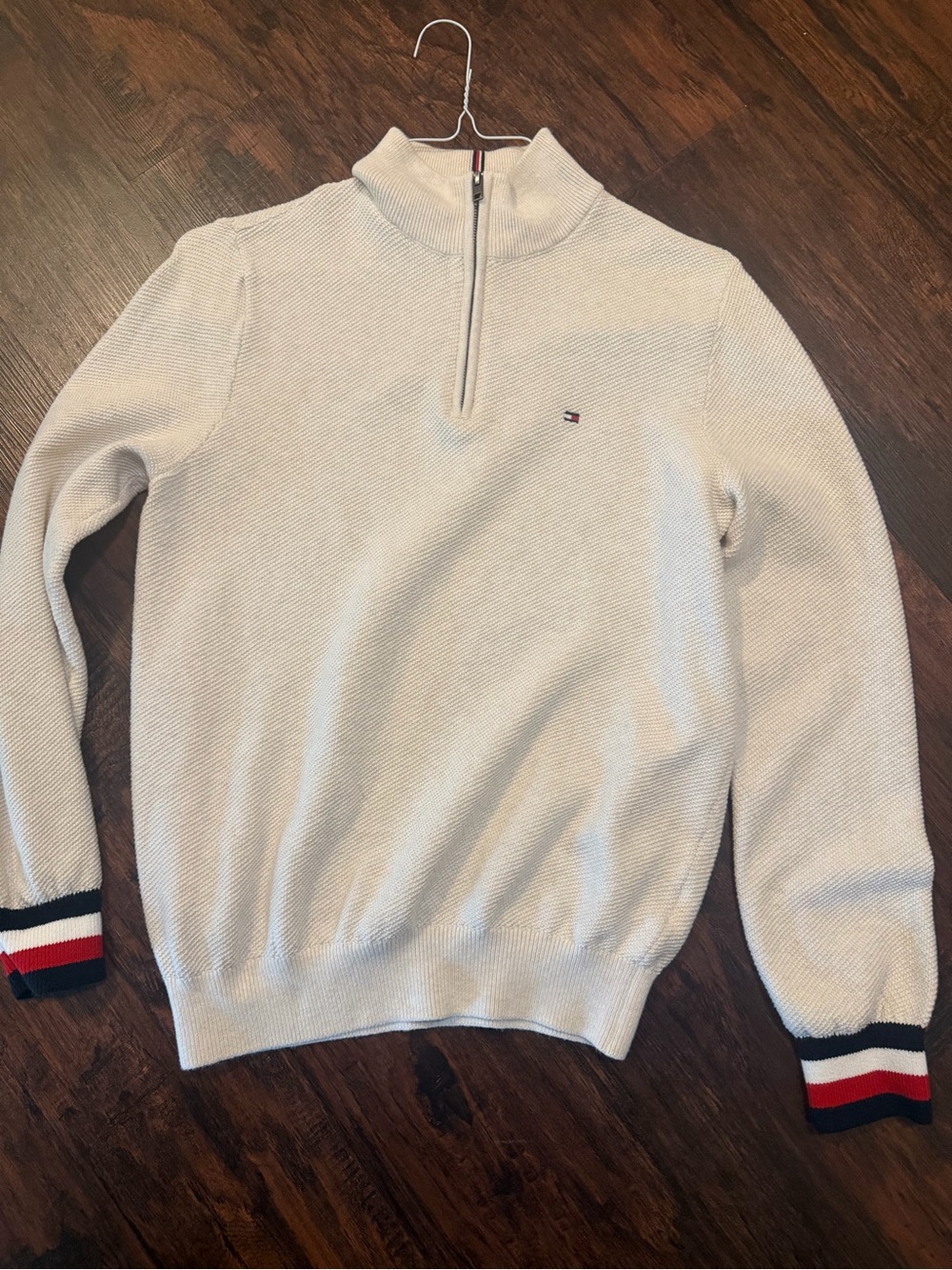 Tommy Hilfiger Men's Cream Quarter-Zip Sweater with Signature Cuff Stripes